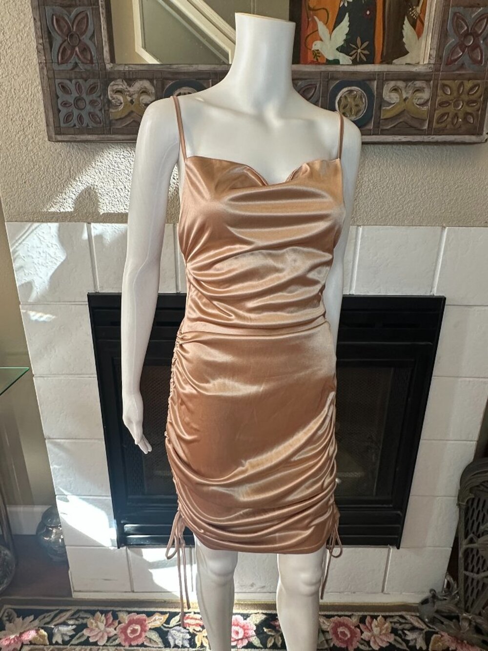 Satin Ruched Bodycon Cocktail Dress Stretchy fabric Tan Small